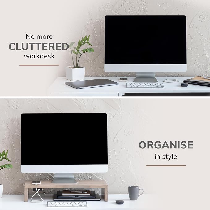 Anji Mountain Wooden Monitor Stand - Elegant Monitor Riser, Perfect Monitor Stand for Desk Organization, Durable Wood Construction monitor stands, Enhances Ergonomics and Workspace Efficiency,Biscotti
