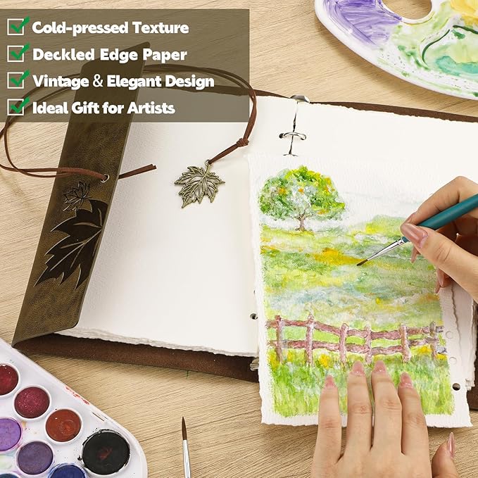 Vintage Watercolor Sketchbook, 140 Lb Cold Press Deckle Edge, 6.3 x 9 in | 24 Sheets, Brown Leather Cover, Ring Bound, Good Water Absorption, for Painting Drawing Mixed Media