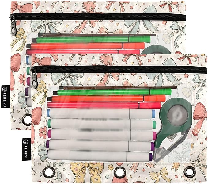 ALAZA Pencil Pouch for 3 Ring Binder, Polka Dot Lace Bows Binder Pencil Pouches with Clear Window Zipper Pencil Case Cosmetic Bags for Office College Supplies, 2PCS