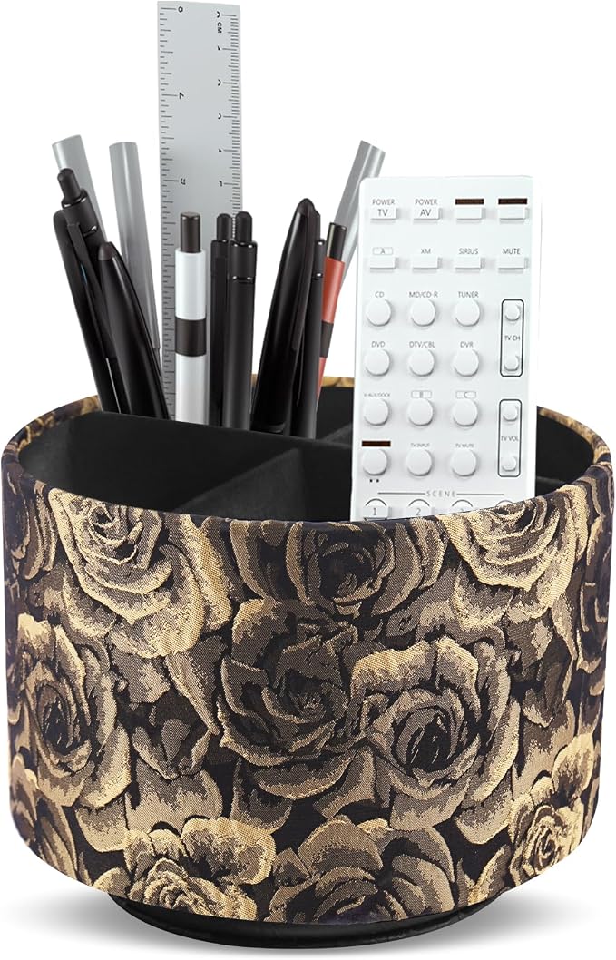Round Leather Art Supply Organizer,Remote Control Holder,360 Degree Rotating,Multi-Functional Pencil Holder,4 Compartments Desktop Stationary Organizer(1-3D Rose Yellow)
