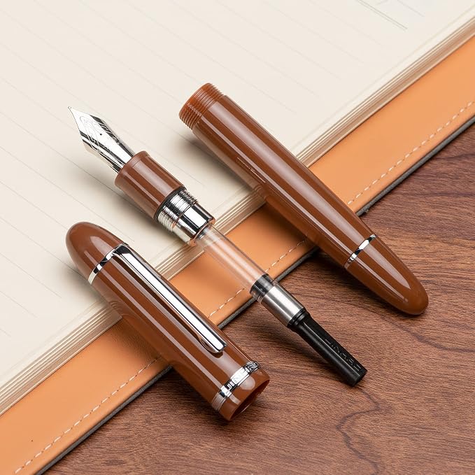 Jinhao X159 Brown Acrylic Fountain Pen, Size 8 Medium Nib Silver Trim Classic Design Smooth Writing Pen with Converter