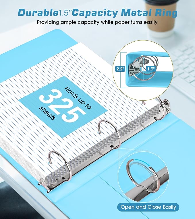 3 Ring Binder 1.5 inch，Cute Binder Organizer with 5 Tab Dividers Fits 175 Sheets of 8.5x11 Paper, Customizable Clear Cover with Inside Pockets, Aesthetic 1.5" Three Ring Binders for School Office，Blue