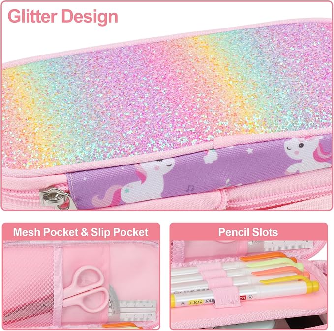 Bagseri Pencil Case for Girls - Expandable Cute Pencil Pouch for Kids Special Pencil Box Large Capacity Pencil Bag Organizer for School (Glitter Purple Unicorn)