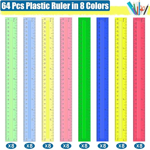 Ruler, 64 Packs 12 Inch Clear Plastic Rulers Bulk for Classroom, Transparent Assorted Color Ruler with Centimeters and Inches, Metric Rulers for Kids, Ideal Back to School Office Home Supplies