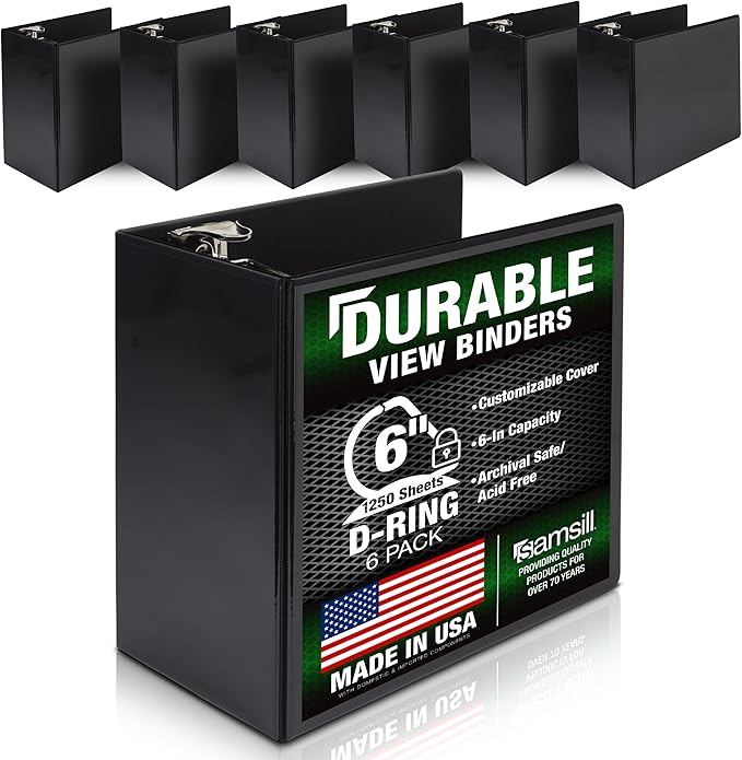 Samsill Durable 6 inch 3 Ring Binder, Made in USA, Locking D Ring 100% Recycled Chipboard, Black, 6 Pack
