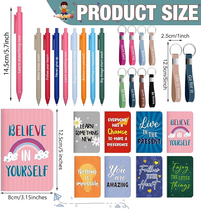 PerKoop 48 Pcs Inspirational Gifts Bulk Employee Motivational Notepads Positive Ballpoint Pens Keychains Set Staff Coworker Appreciation Gifts for Teachers Women Office Party Favor Supplies