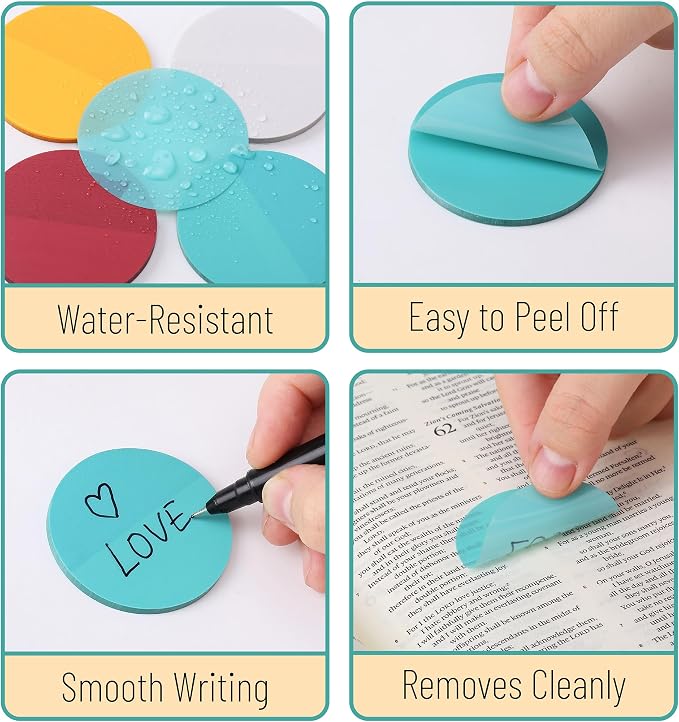 Mr. Pen- Round Transparent Sticky Notes, 1.8”, 8 Pads with 2 Fineliners | 400 Sheets, Smooth Writing, Water-Resistant, Clean Removal, Easy-Peel Sticky Notes for Bible Journaling & Planning