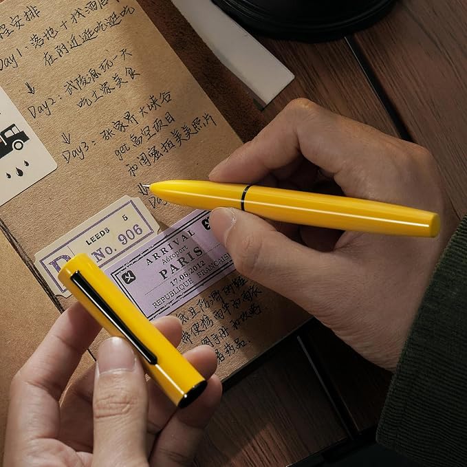 HONG DIAN C1 Fountain Pen Fine Nib, Lemon Yellow & Classic Retro Design Metal Pen with Ink Converter