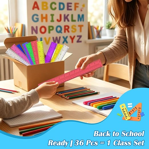 36 Pack 12 Inch Multicolor Plastic Rulers Bulk, Transparent Metric Rulers with Centimeters and Inches, Straight Measuring Rulers for Back to School, Kids Classroom School Office Home Supplies