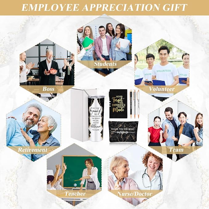 Domensi 6 Pcs Employee Appreciation Gift Set for Women Female Thank You Gift May You Be Proud 20 oz Rustic Marble Sign Tumbler Makeup Bag Journal for Boss Teacher Work Business(Black)