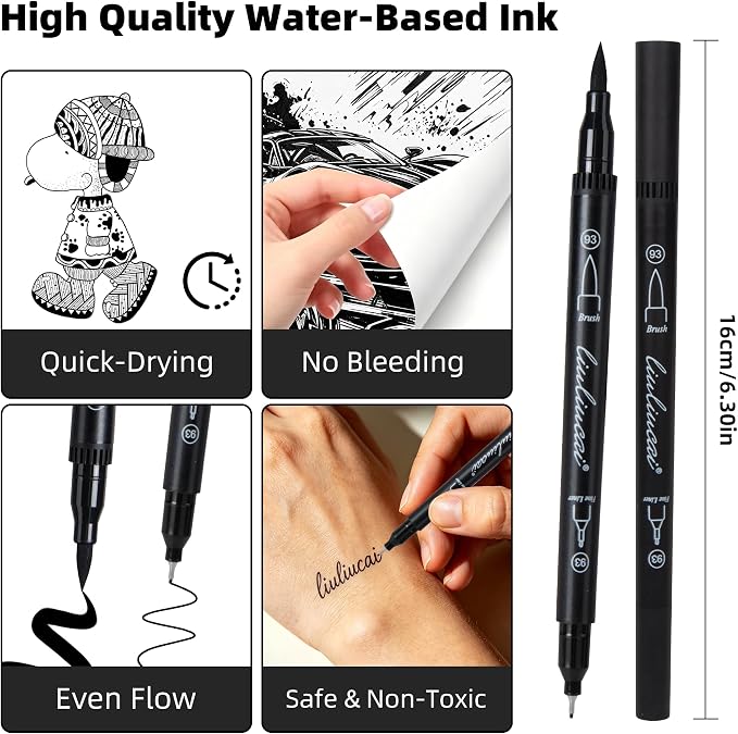 LIULIUCAI 10 Black Dual Tip Markers, Fine & Brush Tip Pens for Coloring | Jet Black Markers for Adult Coloring, Artist Drawing Pen for Journal Sketching Manga Calligraphy Illustration, No Bleeding