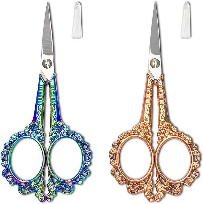Sewing Embroidery Scissors, Small Sharp Precision Shears | Vintage Detail Thread Snips for DIY Craft, Artwork, Needlework Yarn, Beauty Trimmer for Eyebrow, 4.6in Flower 2 pack