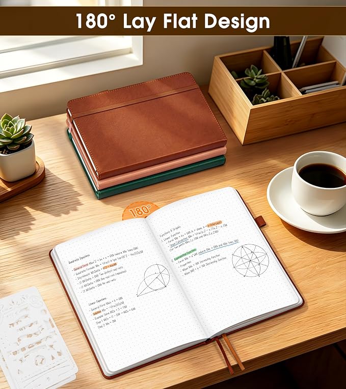 Dotted Journal Notebook, A5 Leather Hardcover, 160 Pages, 180° Lay-Flat Binding, 100 GSM Thick Paper, Dot Grid for Bullet Journaling, Planning & Daily Organization (Brown)