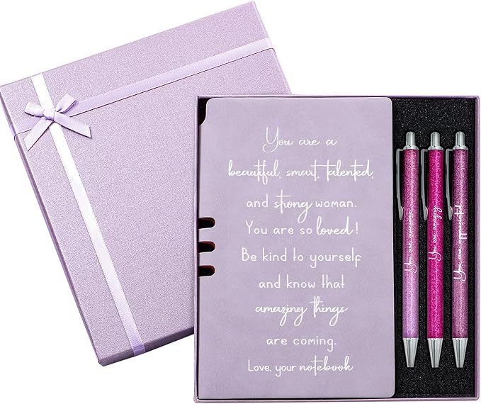 Resurhang 5 Pcs Inspirational Journal for Women Employee Appreciation Gift A6 Leather Journal Glitter Ballpoint Pen with Box for Back to School Teacher Coworker Female Secretary Nurse(Purple)