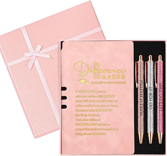 Thenshop 5 Pcs Difference Maker Gifts Journal with Pen Leather Notebook 3 Ballpoint Pens Box Thank You Gift for Nurse Boss Employee Coworker Teacher Volunteer Social Worker Assistant(Pink)