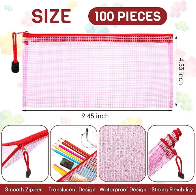 Handepo 100 Pack Mesh Zipper Pouch Pencil Pouches Bulk Clear Storage Bag Small Waterproof Purse Bag Multipurpose for Cash Board Game Passport Office(A6/9.45x4.53in,Red)