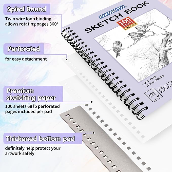 FIXSMITH 9"X12" Purple Sketch Book, 100 Sheets (68 lb/100gsm) Spiral Sketchbook, Acid Free Drawing Paper, Sketch Pad for Beginners,Artists & Professionals, Bright White