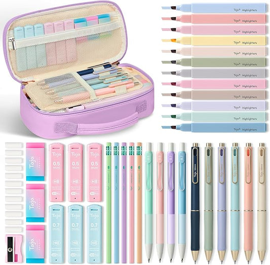 Cute Pencil Case With Supplies, 39 PCS Aesthetic Stationery Set with Pencil Pouch, 6 Black Ink Gel Pens, 12 Pastel Highlighters, 5 #2 HB Pencils, 4 Mechanical Pencils, Back to School Supplies - Purple
