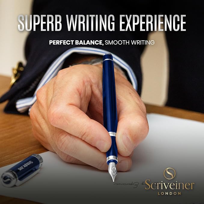 Scriveiner Personalized Midnight Blue Fountain Pen - Stunning Blue Lacquer Luxury Pen, Chrome Finish, German Schmidt Nib (Medium), Best Engraved Pen Gift Set for Men & Women, Name Engraving