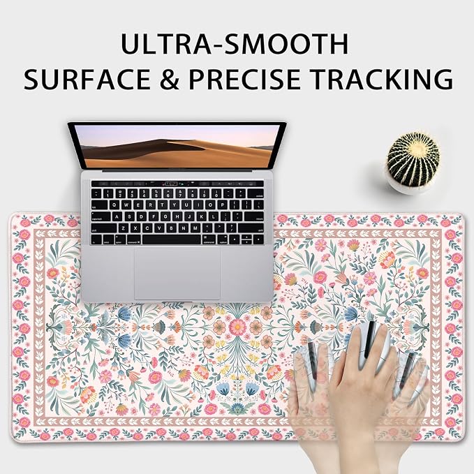 Pink Floral Desk Mat 31.5"x15.7" | Extra Large Mouse Pad, Non-Slip Rubber Base, Waterproof Desk Blotter, Stitched Edges, Smooth Computer Mat Office