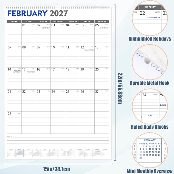 GuassLee Large Wall Calendar 2026-2027, 22"x15" Vertical Wall Calendar 2026, Jun. 2026 to Dec. 2027, 19-Month Paper Hanging Planner Wall with Julian Date for Office Home Planning & Organizing