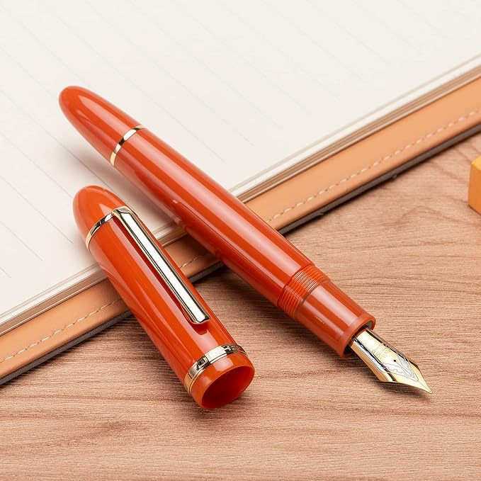 Jinhao X159 Orange Acrylic Fountain Pen, Size 8 Medium Nib Gold Trim Classic Design Smooth Writing Pen with Converter