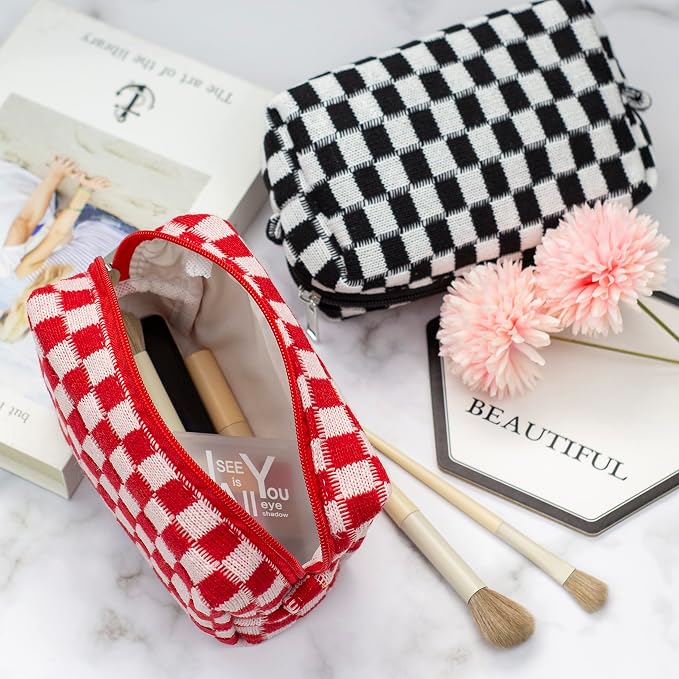 PAZIMIIK Checkered Makeup Bag for Purse, Small Travel Cosmetic Pouch,Red | Cute Zipper Makeup Organizer for Women, Travel Essentials, Toiletries, Makeup Brushes, Beauty Accessories&Bridesmaid Gifts