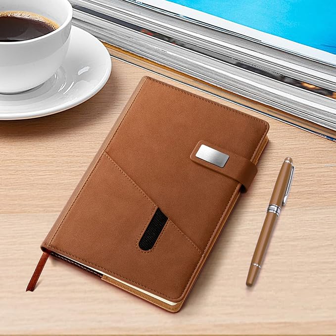 A5 Lined Leather Journal with Pen, 240 Pages Refillable Hardcover Notebook with Pocket and Magnetic Buckle, 80gsm Thick Daily Diary for Men and Women, Great Gift for Business School Travel Personal -