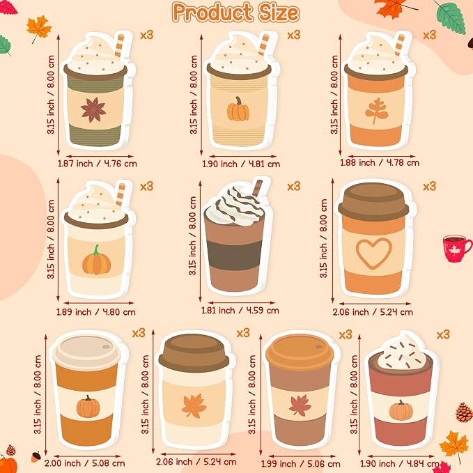 Xqumoi 30 Pack Fall Coffee Cup Sticky Notes - Autumn Theme Self Sticky Notepads Writing Memo Pads for Coffee Lover Thanksgiving Gift Class Reward Party Favors Goodies Bag Fillers Office Supplies