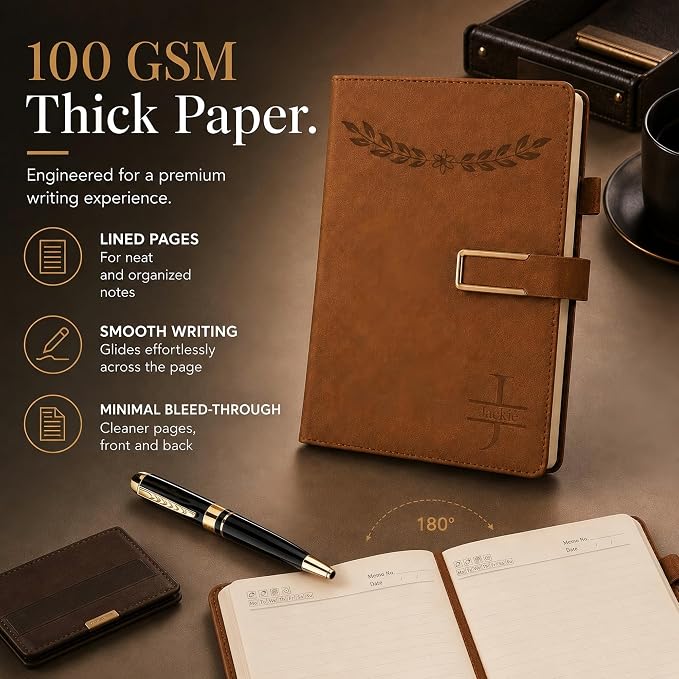 CRME Personalized Icon Notebook, Custom Text Engraved Leather Journal, A5 Writing Journal Gift for Women Men, Students, Office, Business