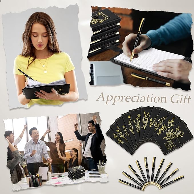 Dispowreath 20 Sets Thank You Leather Journal Notebook with Appreciation Ballpoint Pen Employee Gift for Teacher Nurse Coworker Team Office Staff Vet Tech Housekeeper (Black,Stylish)