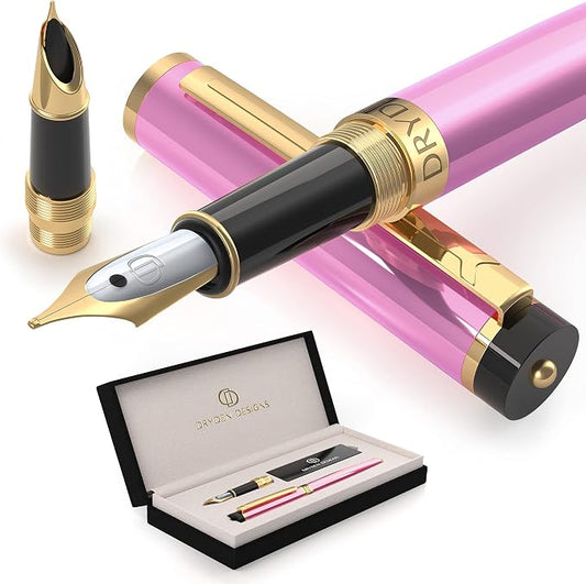 Dryden Designs Fountain Pen - Medium Nib and Fine Nib | Includes Luxury Box, 6 Ink Cartridges - 3 Black 3 Blue and Ink Refill Converter - Luscious Pink