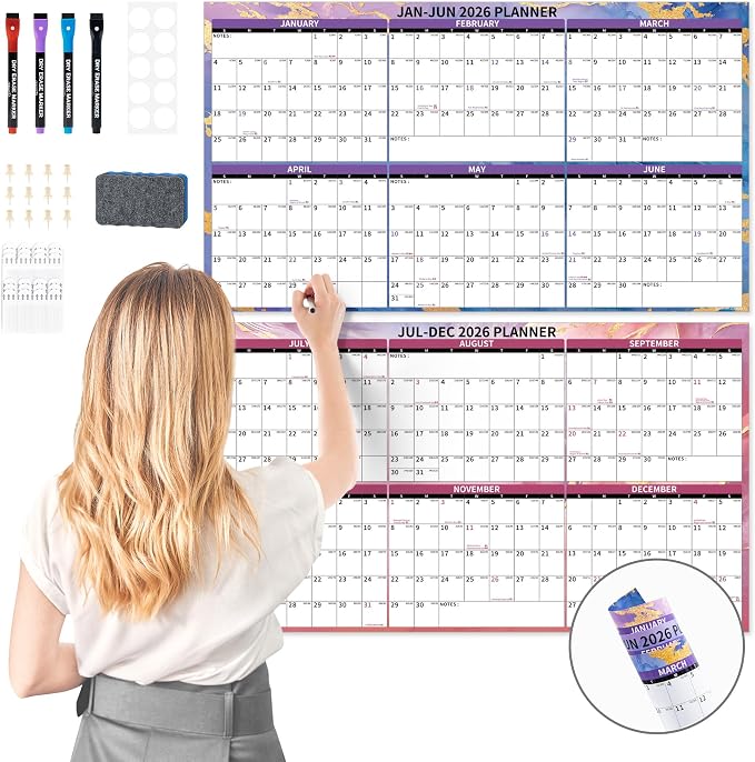Ospelelf 2026 Large Dry Erase Wall Calendar 16.53" x 43.33" - 2 Year Laminated Big Family Calendar for Office, Use Jan 2026 - Dec 2027, Rolled Package ((Marble)