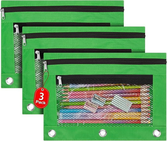 IKAYAS 3 Pack Pencil Pouch for 3 Ring Binder with Zipper, Pouch Bags for Classroom, Storing School Supplies, Green
