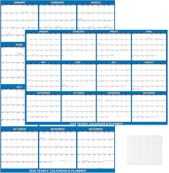 2026 Wall Calendar 24" x 36" Dry Erase Calendar for Wall from January 2026 to December 2026 12 Month Annual Large Yearly Wall Planner for Office School(Blue)