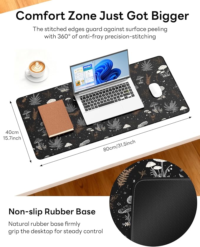 XL Gaming Mouse Pad, 31.5x15.7'' Large Desk Mat with Anti-Slip Rubber Base & Stitched Edges for Gaming, Office, Home, Black Art