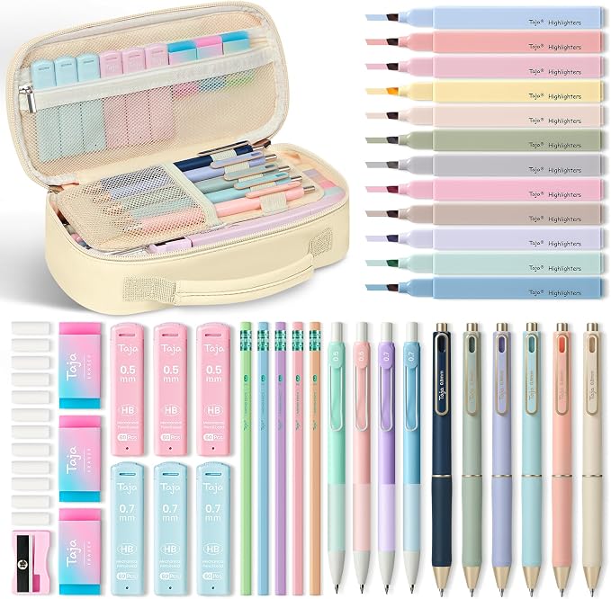 Cute Pencil Case With Supplies, 39 PCS Aesthetic Stationery Set with Pencil Pouch, 6 Black Ink Gel Pens, 12 Pastel Highlighters, 5 #2 HB Pencils, 4 Mechanical Pencils, Back to School Supplies - Beige