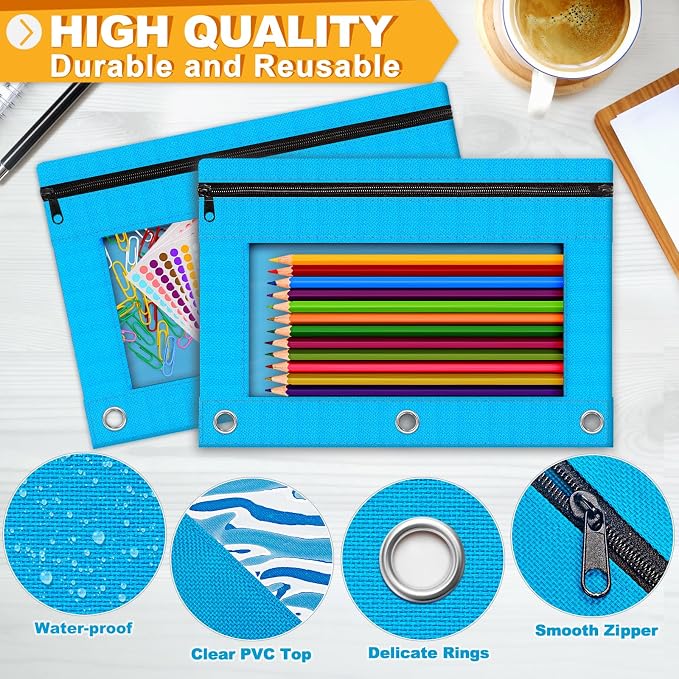 Pencil Pouch for 3 Ring Binder, 2 Pack Pencil Bags with Zipper, Sky Blue Pencil Case for Classroom School Office Supplies, Large Sturdy and Durable Cloth Pencil Pocket for 3 Holder Binder