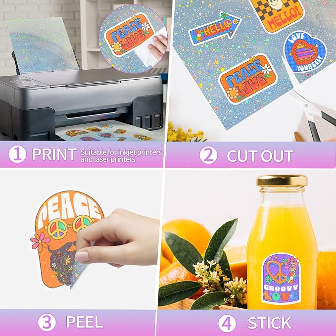 STARLIBOO 25 Sheets Holographic Sticker Paper for Inkjet&Laser Printer, Printable Vinyl Sticker Paper Self-Adhesive, 8.5" x 11" (Laser Star)