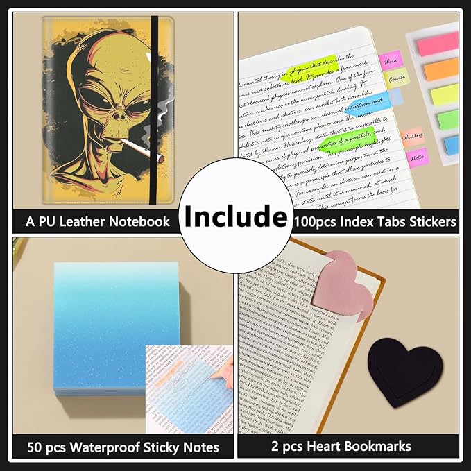A5 Leather Lined Journal Notebook, 200 Pages Hardcover Executive Notebook for Office School Note Taking, Thick Writing Paper Daily Journal with Bookmarks/Indexes,Weed Smoking Space Alien