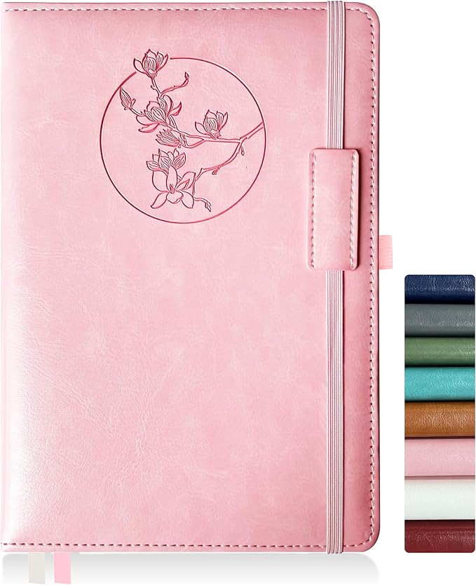 Notebook Journal for Women Men,256 Pages A5 Hardcover Leather Journaling Notebooks for Work,lined journal/notebook with 100Gsm Paper,Pen Holder and inner pocket 5.8"×8.4"(Pink)