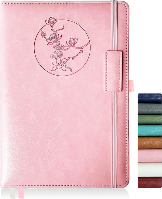 Notebook Journal for Women Men,256 Pages A5 Hardcover Leather Journaling Notebooks for Work,lined journal/notebook with 100Gsm Paper,Pen Holder and inner pocket 5.8"×8.4"(Pink)