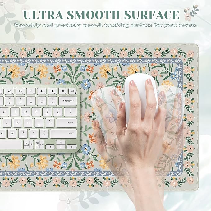 iCasso Green Aesthetic Flower Mouse pad for Laptop, Desk Pad Mat, Desk Matt for Desktop 13.7"x23.6", Anti-Slip Mousepad with Stitched Edges for Laptop Computer Keyboard(Green Floral)