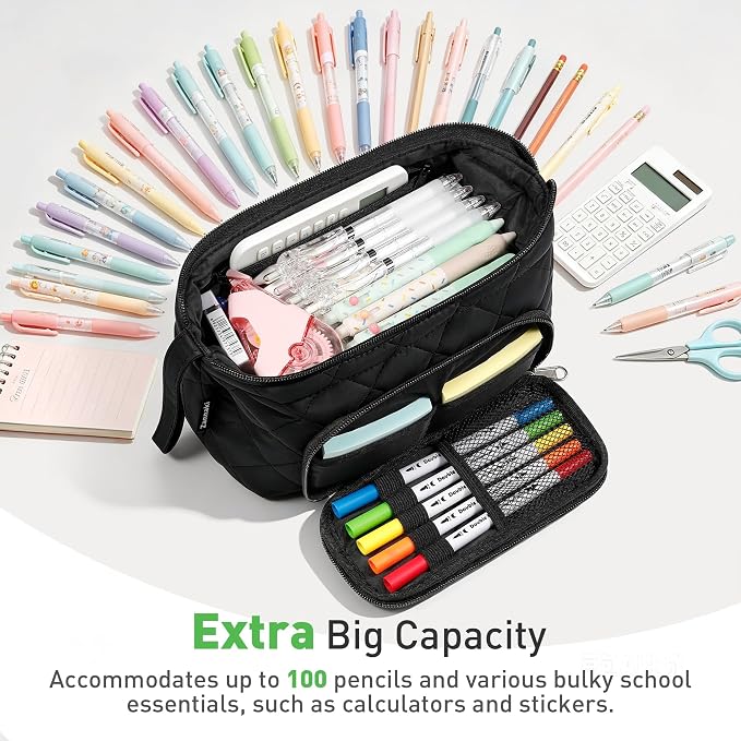 Zannaki Soft Quilted Large Pencil Pouch Organizer with Wide Opening for Boys Girls Teens - Extra Big Capacity Pen Pencil Bag with Zipper, Portable Pencil Case Box for School, College, Cosmetic Gift