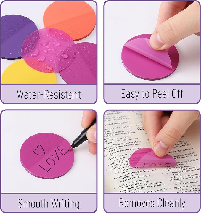 Mr. Pen- Round Transparent Sticky Notes, 1.8”, 8 Pads with Black Fineliner | 400 Sheets, Smooth Writing, Water-Resistant, Clean Removal, Easy-Peel Sticky Notes for Bible Journaling & Planning, Sunset