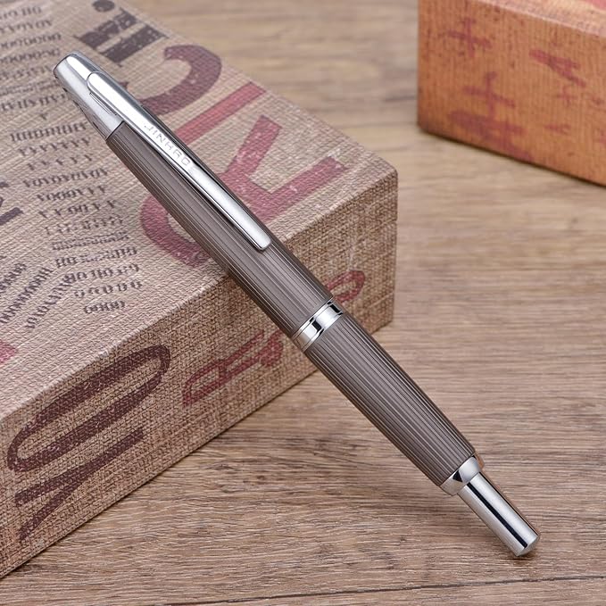 Jinhao 10 Press Fountain Pen with Box, Brushed Matt Gray Retractable Fine Nib with Converter Set (Silver Clip)