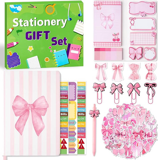 Xqumoi Coquette Pink Bow Stationery Gift Set - Sticky Note A5 Hardcover Ruled Journal Notebook with Planner Sticker Magnet Bookmark Paper Clip Gel Ballpoint Pen for Birthday School Office Supplies