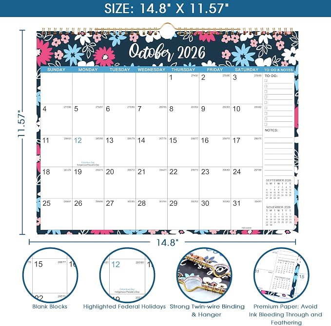 2027 Calendar - Wall Calendar 2027, 14.8'' x 11.5'', July. 2026 - Dec. 2027, Large Blocks, 2027 Wall Calendars with Julian Dates, Thick Paper