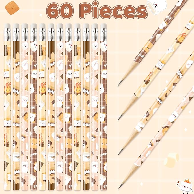 Xqumoi S’Mores Pencils with Eraser - S’More Love Fun #2 HB Pencils, Classroom Student Rewards Camping Back to School Office Supply Marshmallow Goodie Bag Fillers Stuffers Campfire Party Favors