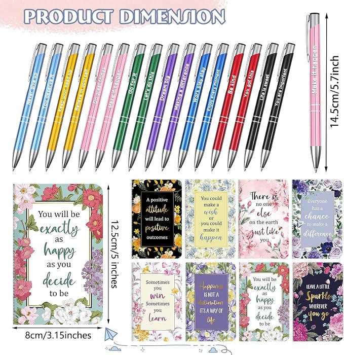 Funrous 32 Pcs Motivational Quote Pens Inspirational Notepads Mini Journal with Ballpoint Pen Small Notebooks Gift Set for Men Women Coworkers, Adult Party Favors Christmas Prizes Gift(Motivational)